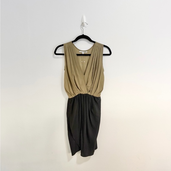 Amanda Uprichard Two-Tone Black And Khaki Green Faux Wrap Sleeveless Mini Dress - Picture 3 of 7